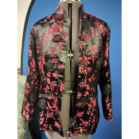 Vintage Asian-Inspired Black & Red Floral Satin Jacket With Frog Closures & Pock - Picture 2 of 8